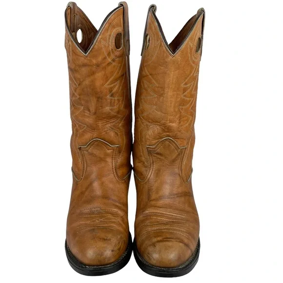 Vintage Cowhide Steel-toe Western Cowboy Brown Leather Boots Stitchwork Mens 8.5 - Picture 6 of 16